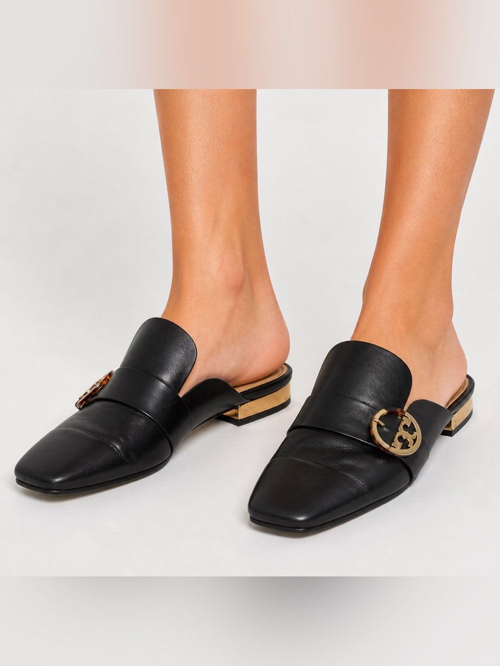 Tory Burch Sidney Black Leather Mules Backless Loafer Gold Mirror Heel Size 10.5